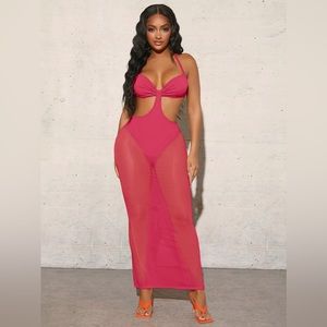 Ruched Bust Tie Backless Split Hem Panty Insert Halter Mesh Dress🔥